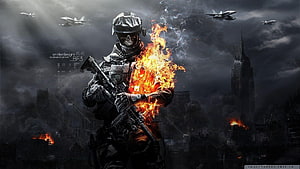 Battlefield 3 soldier with flaming chest and skull mask in war-torn city HD wallpaper