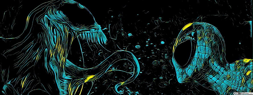 Venom and Spider-Man Neon Line Art Confrontation on Black Background, Venom Dual Monitor, 3840x1440 HD wallpaper