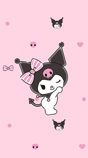 Cute Kuromi Character Illustration with Pink Skull and Bow on Soft Background HD phone wallpaper