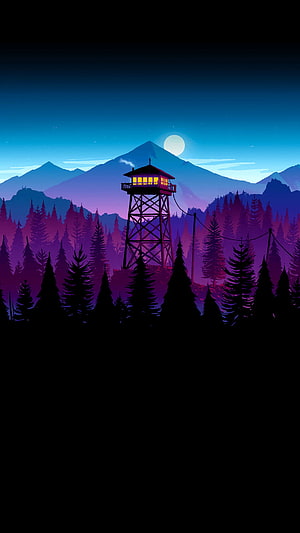 Firewatch Night Scene with Watchtower, Pine Forest, and Moonlit Mountains HD phone wallpaper
