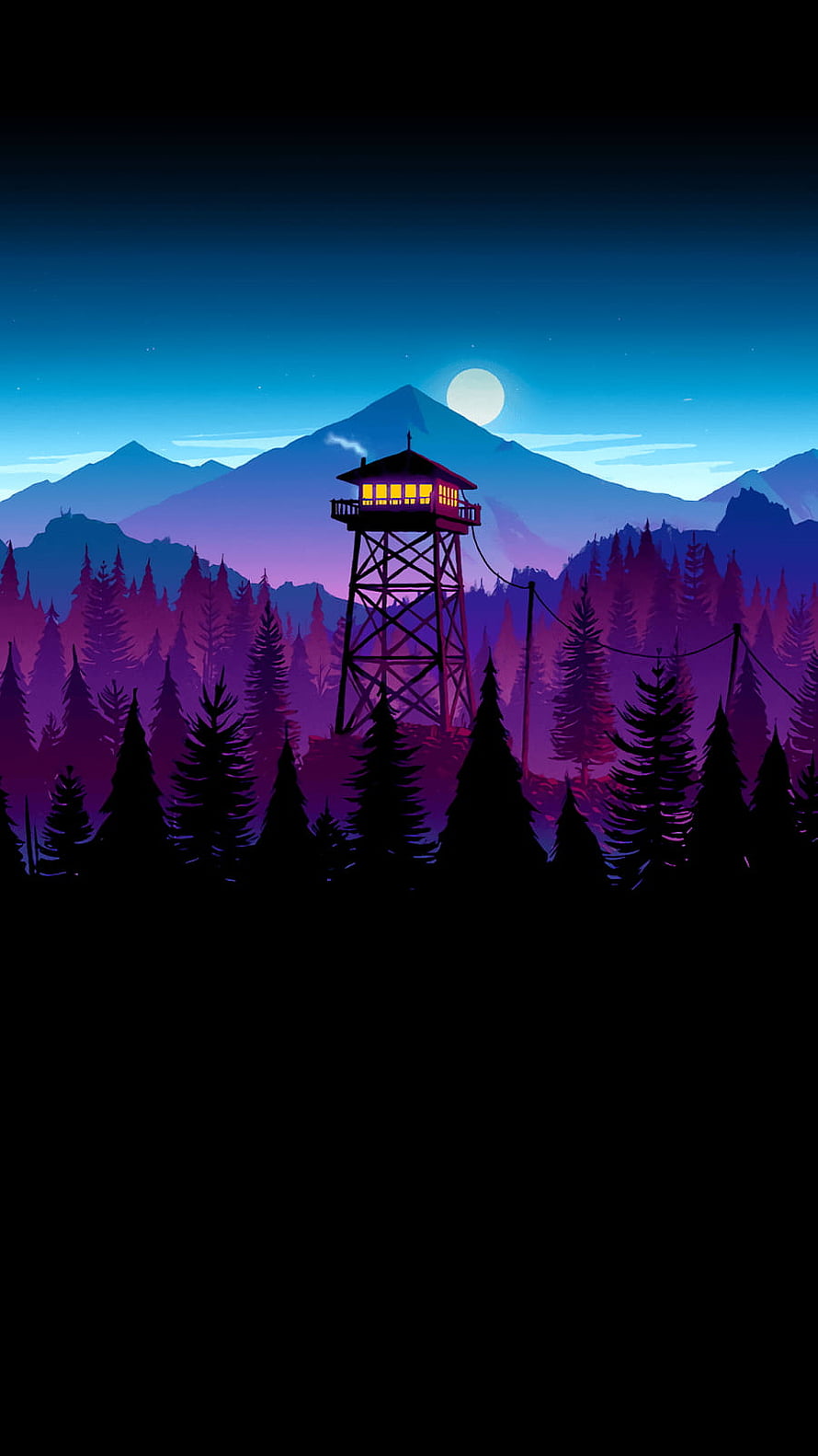 Firewatch Night Scene with Watchtower, Pine Forest, and Moonlit Mountains HD phone wallpaper