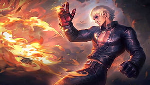 Gusion KOF Skin Concept Art: Fiery Warrior in Leather Jacket HD wallpaper