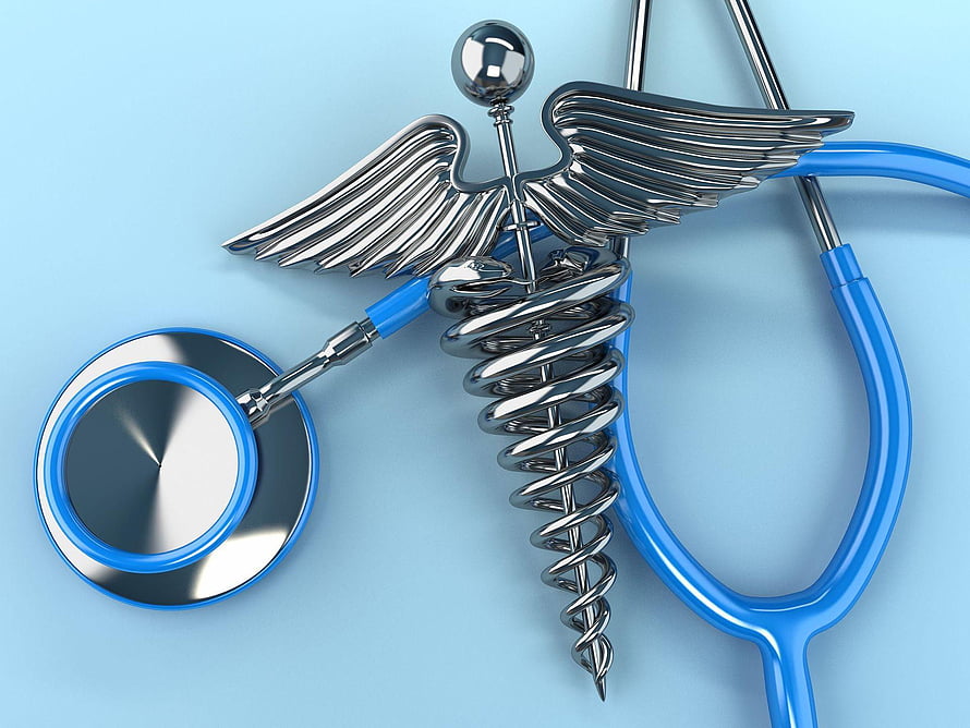 Blue Stethoscope and Silver Caduceus Medical Symbol on Light Blue Background HD wallpaper