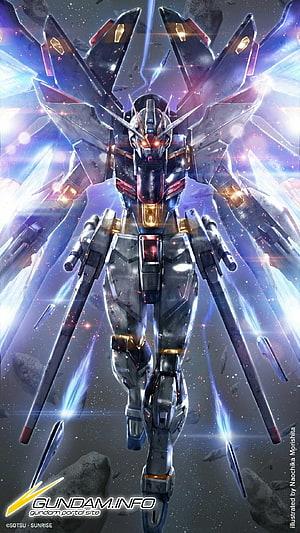 Gundam Wing Zero Wing mobile suit in space with glowing blue energy wings and floating debris HD phone wallpaper
