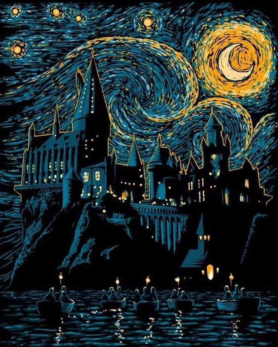 Hogwarts Castle Under Starry Night Sky With Boats On Lake HD phone wallpaper
