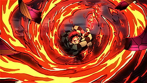 Tanjiro Kamado performing the Hinokami Kagura dance surrounded by a massive spiral of fire HD wallpaper