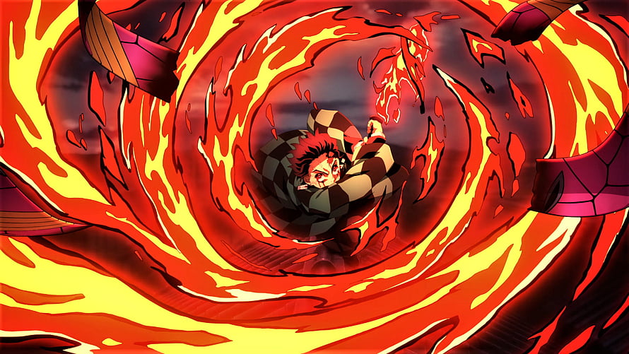 Tanjiro Kamado performing the Hinokami Kagura dance surrounded by a massive spiral of fire HD wallpaper