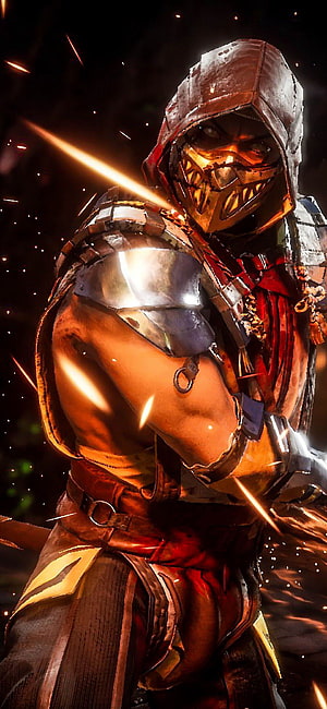 Scorpion from Mortal Kombat 1 in Golden Mask and Armor HD phone wallpaper