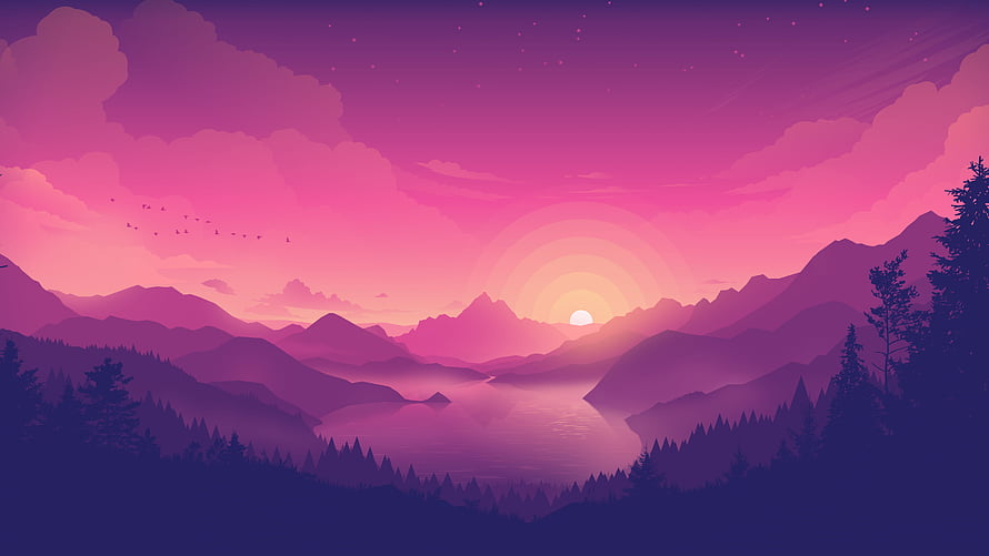 Purple Mountain Lake Sunset Vector Landscape With Pine Trees And Birds HD wallpaper