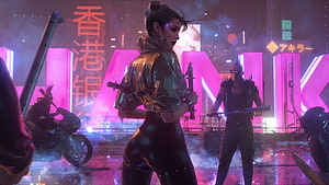 Cyberpunk Woman with Katana in Neon-Lit Night City with Biker Gang, Cyberpunk Girl Sci, #cyberpunk girl HD wallpaper