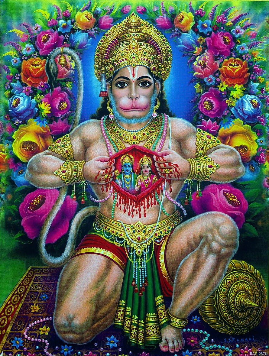 Hanuman Ji Devotional Artwork with Sita Rama Portrait and Vibrant Floral Background, of, hanuman ji HD phone wallpaper