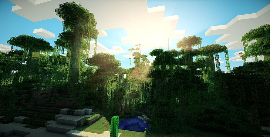 Minecraft Jungle Biome Screenshot With Sunlight And Waterfall HD wallpaper