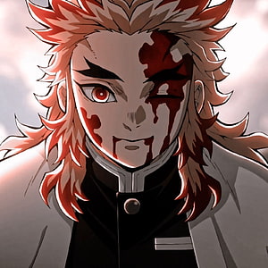 Rengoku Kyojuro Anime Portrait With Blood Stains And Intense Red Eyes HD phone wallpaper