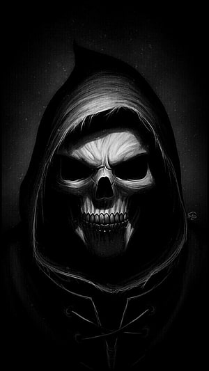 Dark Grim Reaper Skull Portrait in Black Hooded Cloak HD phone wallpaper