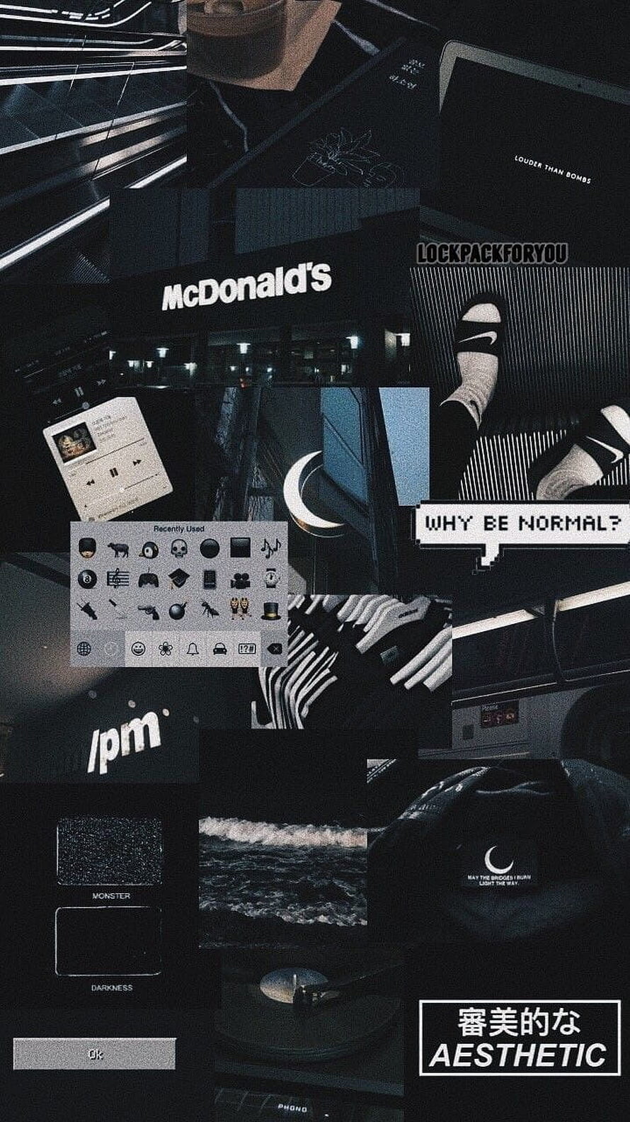 Dark Aesthetic Collage Wallpaper with McDonald's, Moon, and Retro UI Elements HD phone wallpaper
