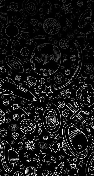 Black and White Space Doodle Pattern with Planets, Stars, and Rockets HD phone wallpaper