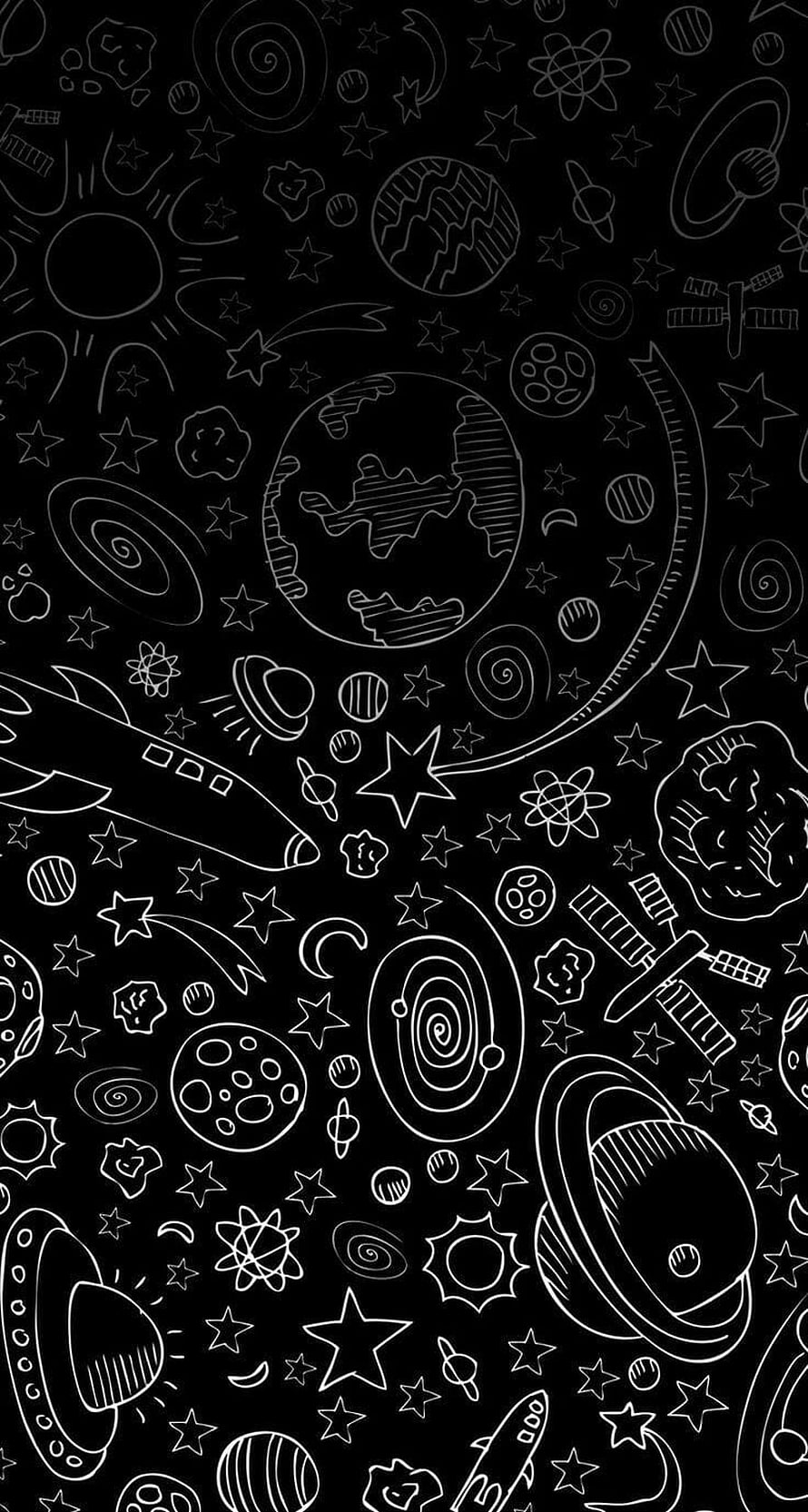 Black and White Space Doodle Pattern with Planets, Stars, and Rockets HD phone wallpaper