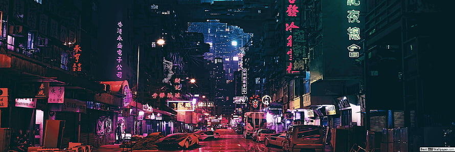 Neon-lit cyberpunk city street at night with glowing signs and wet pavement HD wallpaper