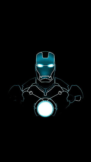 Iron Man glowing neon blue outline on black background, Iron Man Drawing Mobile, iron man suits HD phone wallpaper