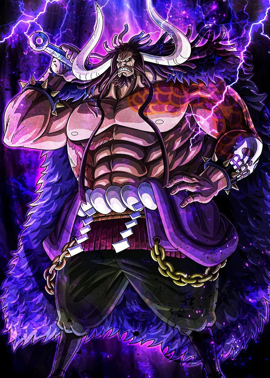 Kaido from One Piece in a Powerful Anime Illustration with Purple Lightning and Muscular Build HD phone wallpaper