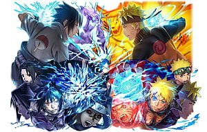 Naruto and Sasuke Uchiha anime characters clashing with chakra energy and lightning effects HD wallpaper