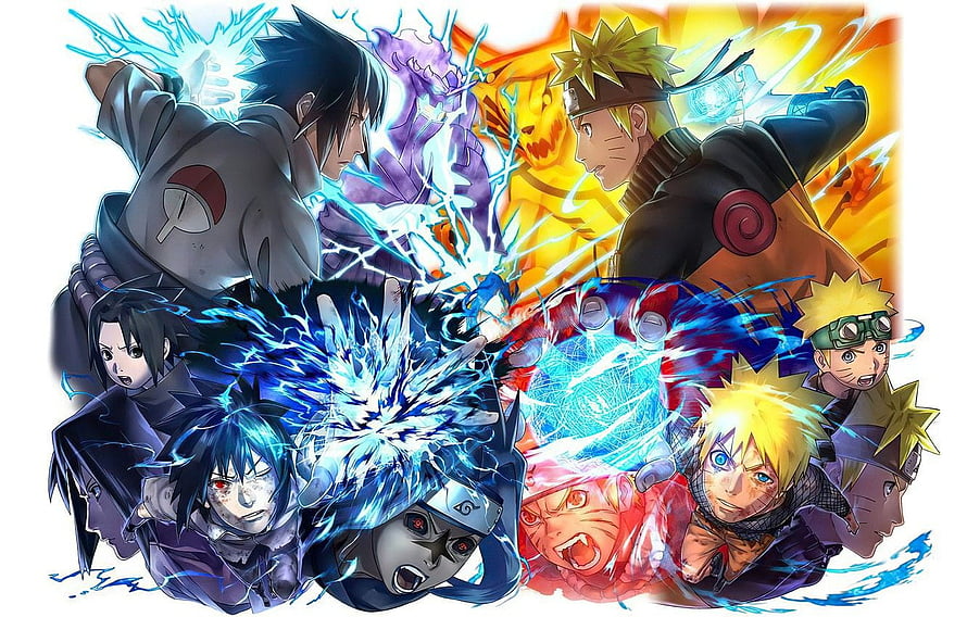 Naruto and Sasuke Uchiha anime characters clashing with chakra energy and lightning effects HD wallpaper