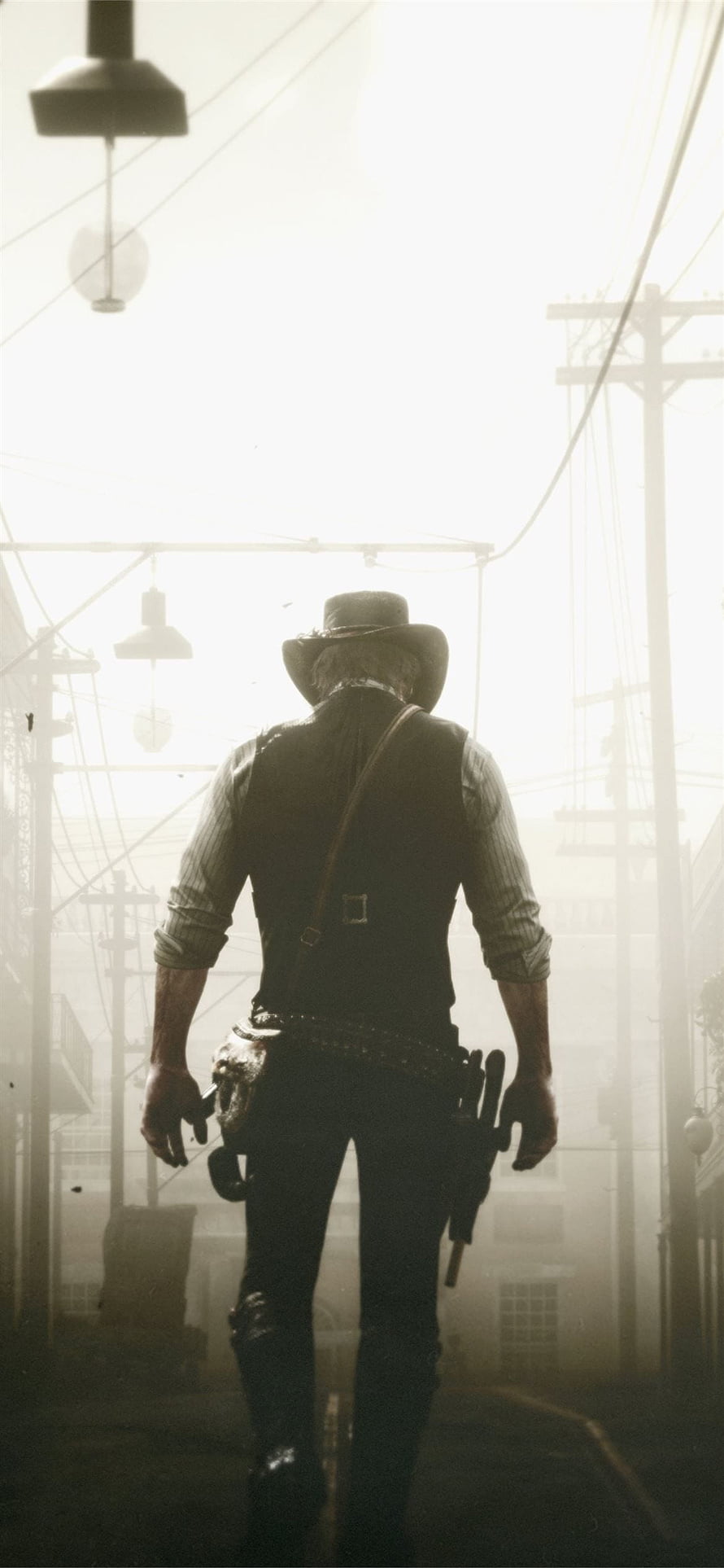 Arthur Morgan Walking Through Hazy Western Town in Red Dead Redemption 2 HD phone wallpaper