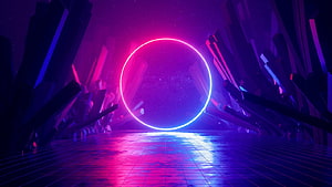 Neon Circle Portal in Retro Futuristic Crystal Cave with Purple and Pink Lighting HD wallpaper