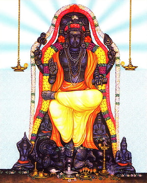 Lord Ayyappa Hindu Deity Sitting on Throne with Devotees and Oil Lamps HD phone wallpaper