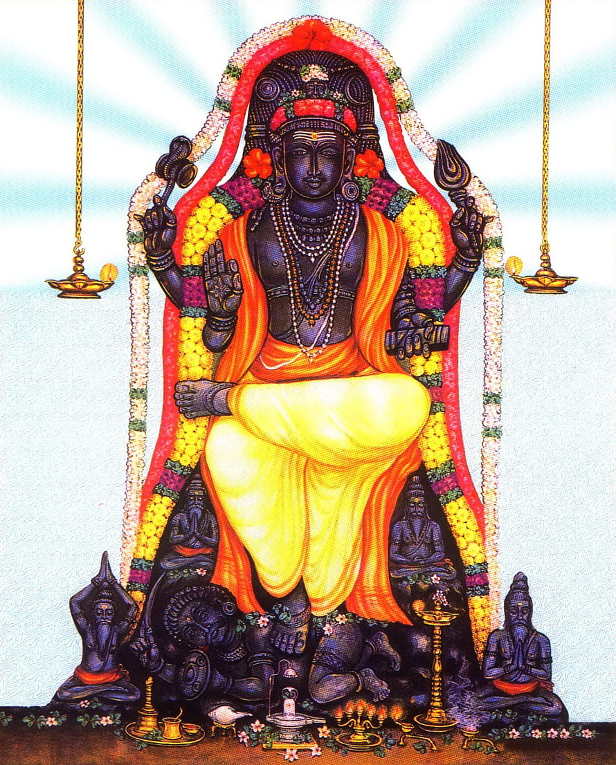 Lord Ayyappa Hindu Deity Sitting on Throne with Devotees and Oil Lamps HD phone wallpaper