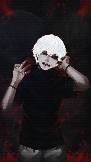 Ken Kaneki Tokyo Ghoul Dark Anime Character with Blood Splatter and Manic Expression HD phone wallpaper