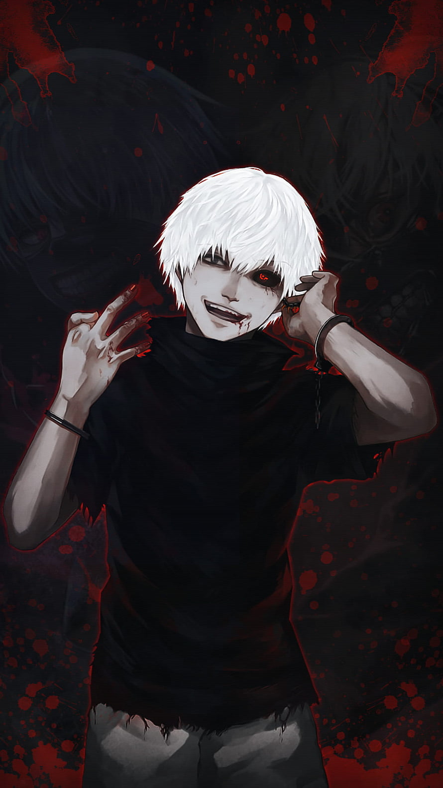 Ken Kaneki Tokyo Ghoul Dark Anime Character with Blood Splatter and Manic Expression HD phone wallpaper