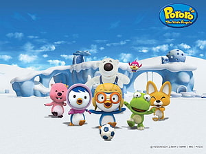 Pororo The Little Penguin Friends Playing Soccer in Snowy Igloo Landscape HD wallpaper