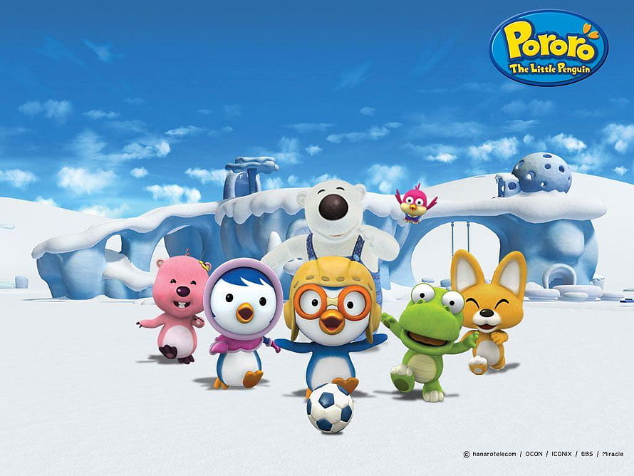 Pororo The Little Penguin Friends Playing Soccer in Snowy Igloo Landscape HD wallpaper