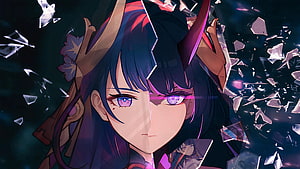 Raiden Ei Anime Character Portrait With Shattered Glass And Purple Eyes HD wallpaper