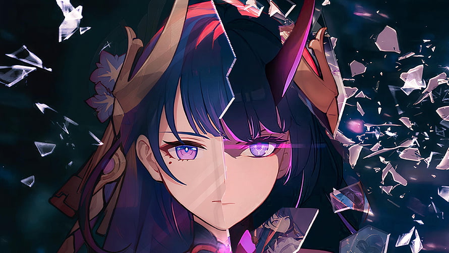 Raiden Ei Anime Character Portrait With Shattered Glass And Purple Eyes HD wallpaper