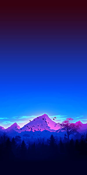 Neon Purple Mountain Silhouette with Birds and Pine Forest at Dusk HD phone wallpaper