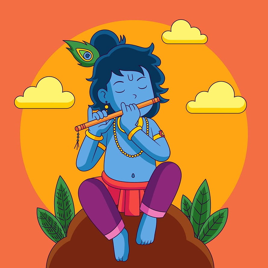 Cute Cartoon Lord Krishna Playing Flute on a Hill with Peacock Feather HD phone wallpaper