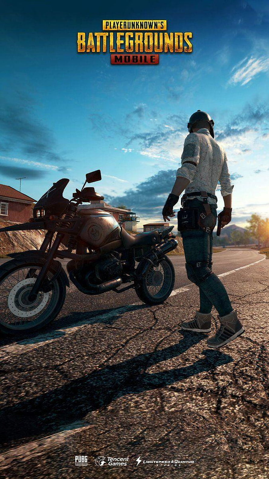 PUBG Mobile Character Walking Past Motorcycle on Road HD phone wallpaper