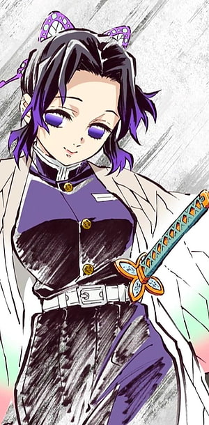 Shinobu Kocho from Demon Slayer in Purple Demon Hunter Uniform with Butterfly Hairpin and Katana HD phone wallpaper