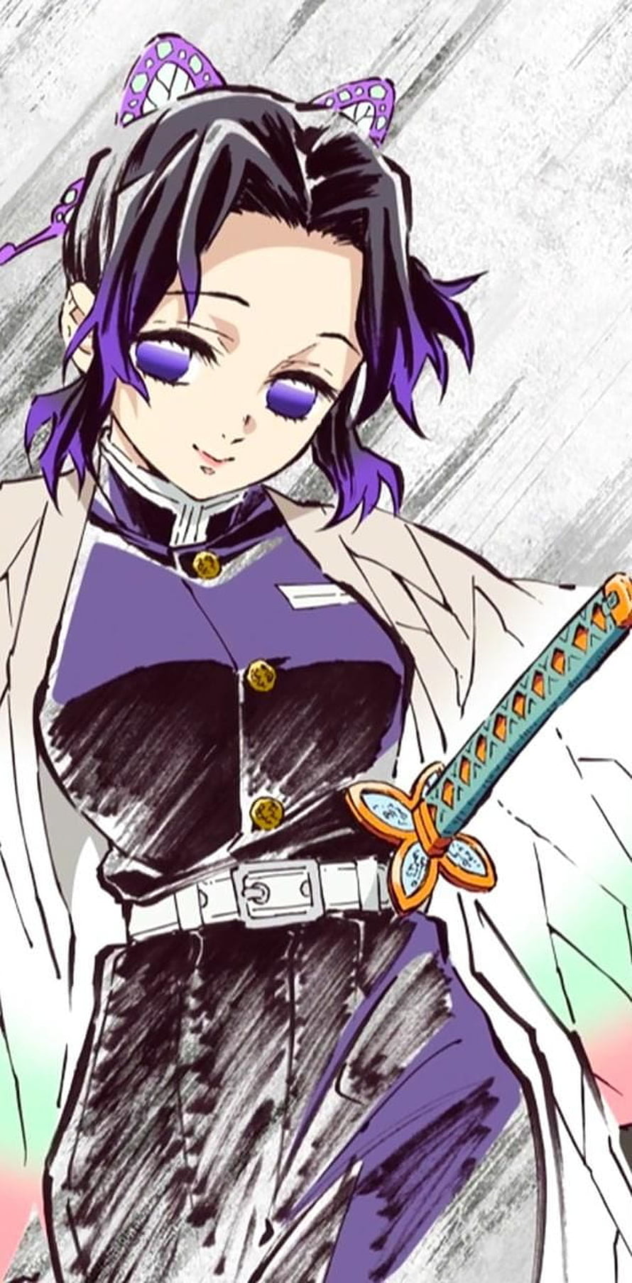 Shinobu Kocho from Demon Slayer in Purple Demon Hunter Uniform with Butterfly Hairpin and Katana HD phone wallpaper