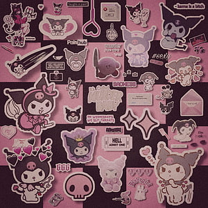Kuromi Sticker Sheet with Dark Aesthetic and Pink Checkerboard Background HD phone wallpaper