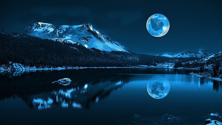 Serene Blue Moonlit Mountain Lake Reflection Wallpaper HD wallpaper
