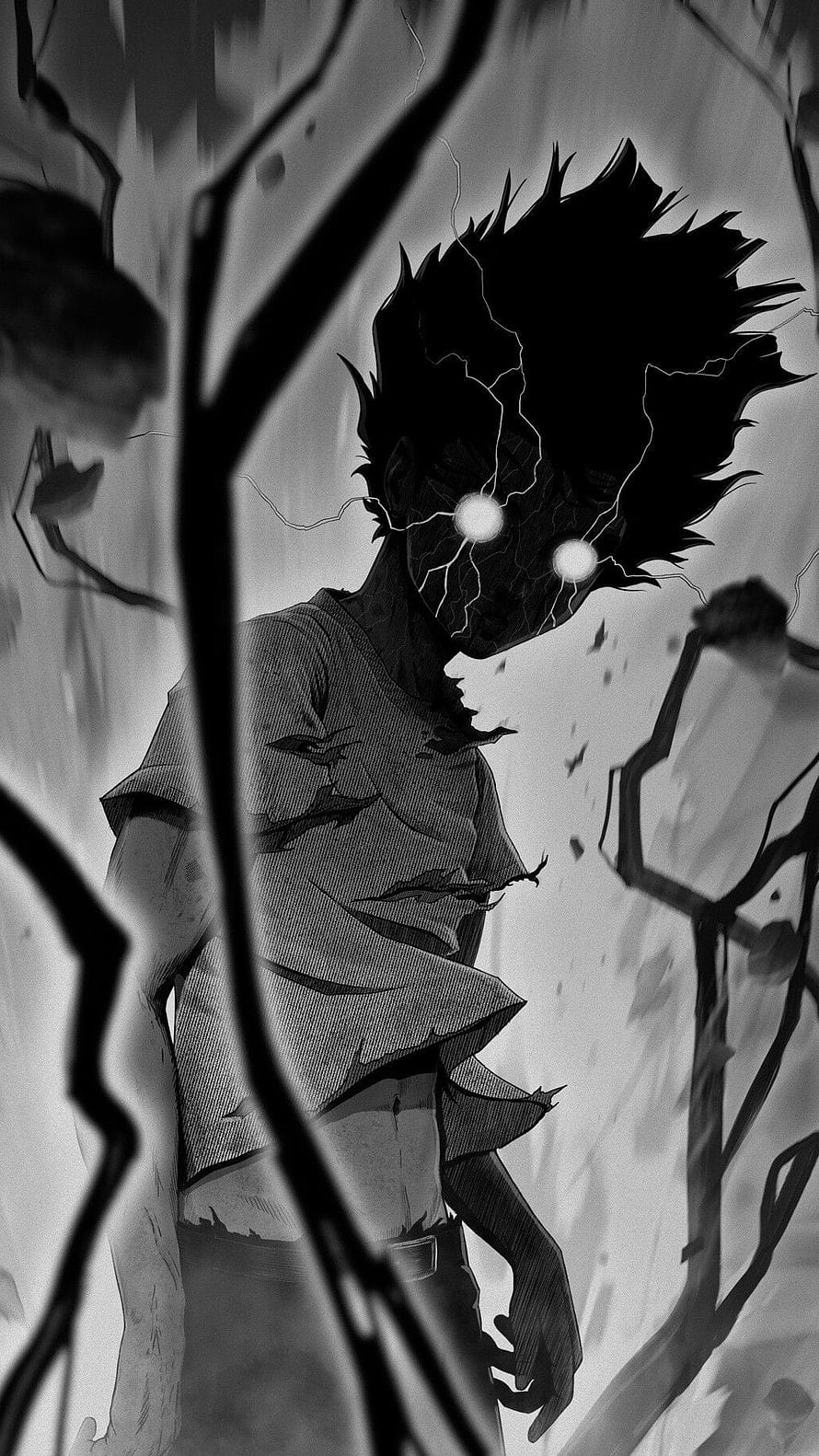 Mob Psycho 100 Dark Anime Illustration with Glowing Eyes and Tattered Clothing HD phone wallpaper