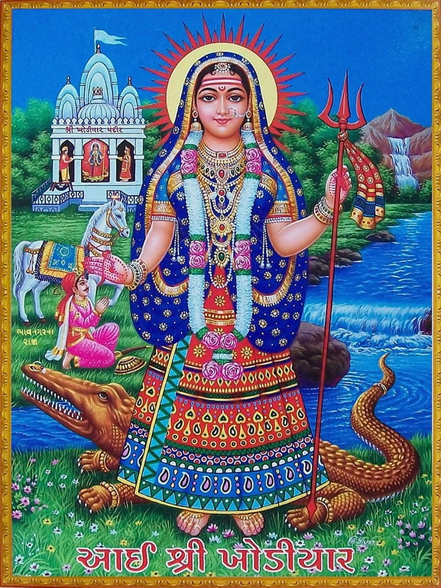 Khodiyar Maa Devotional Painting with Trishul and Crocodile HD phone wallpaper