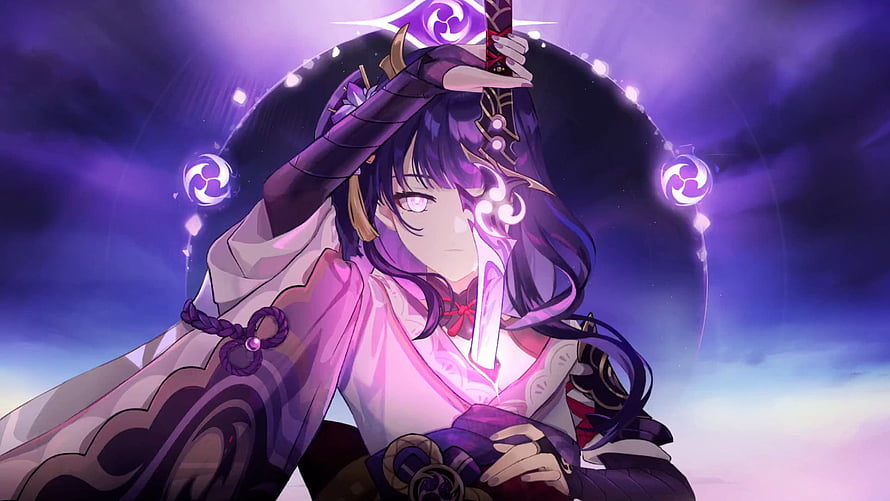 Raiden Shogun wielding her katana against a dramatic purple sky in Genshin Impact HD wallpaper