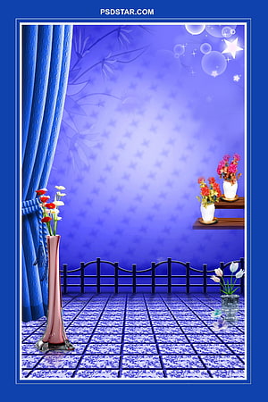 Magical Blue Room Background With Curtains, Floral Vases, and Starry Wall Decor HD phone wallpaper