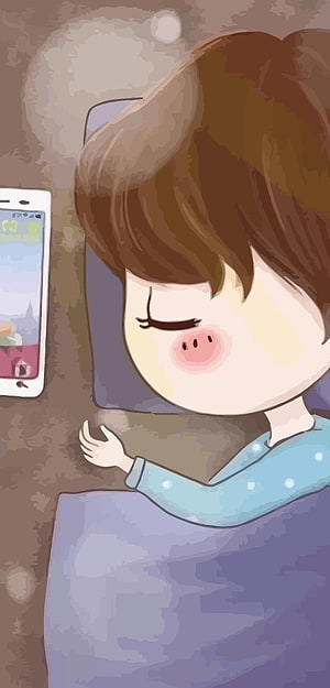 Cute cartoon girl sleeping peacefully in bed with smartphone nearby HD phone wallpaper