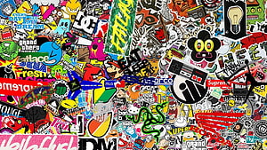 Colorful collage of overlapping pop culture stickers, gaming logos, and street art graphics HD wallpaper