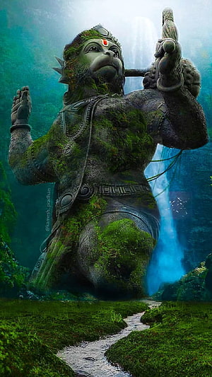 Moss-covered Hanuman statue in mystical forest with waterfall background, Hanuman ji statue mobile, hanuman statue HD phone wallpaper